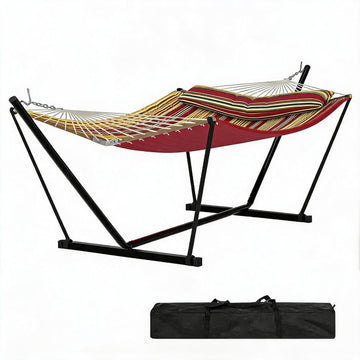 2 Person Heavy Duty Outdoor Hammock with Stand, Portable Double Hammock with Hardwood Spreader Bar, Pillow & Balance
