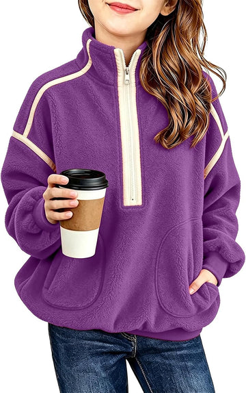 Girls Sherpa Fleece Top Fuzzy Half Zip Pullover Sweatshirt 2026 Warm Fall Winter Outfits Long Sleeve Pockets Coats