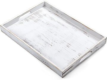 17 Inch Rustic White Serving Tray with Handles - Large Wooden Tray for Ottoman