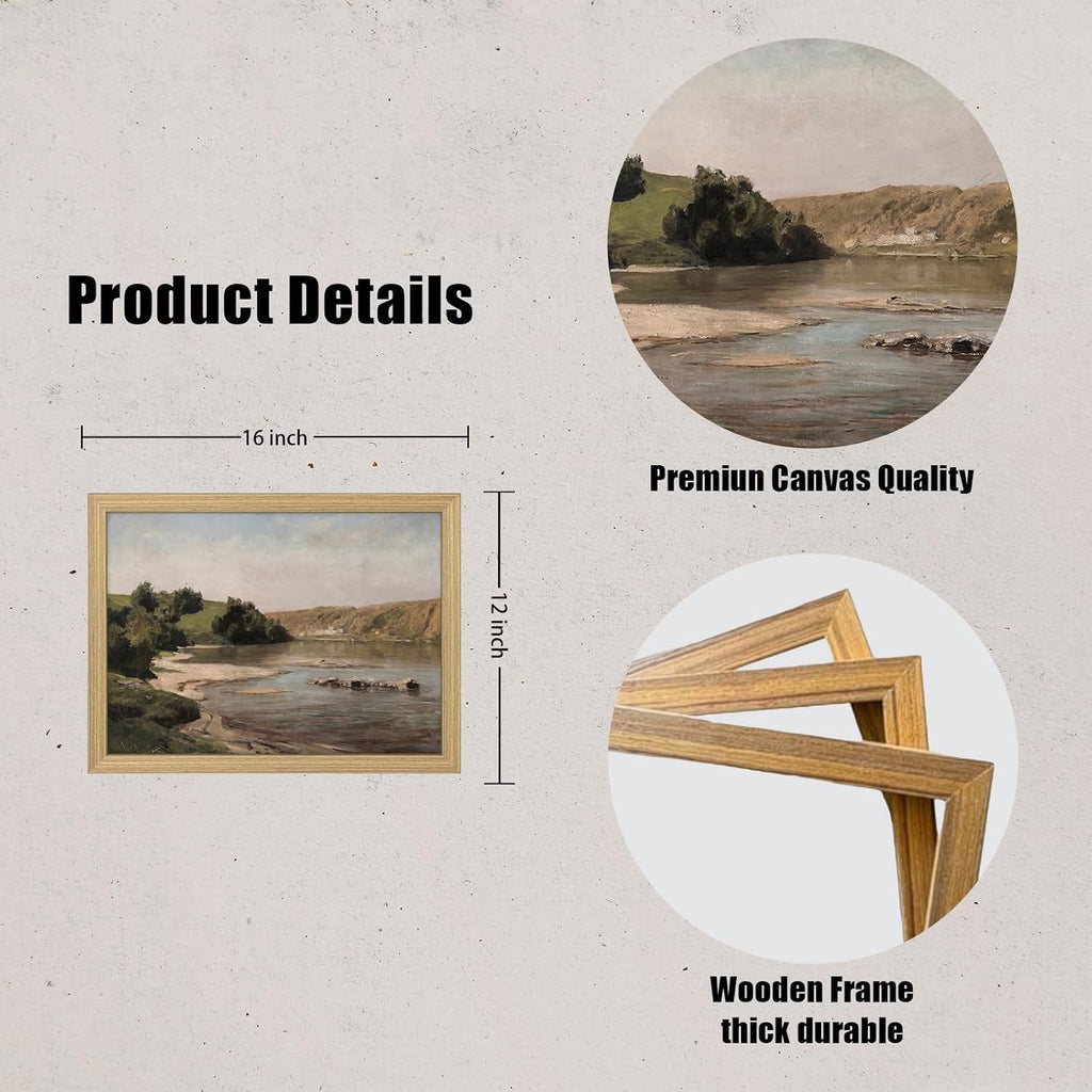 Framed Vintage Landscape Canvas Wall Art 2Pcs Rustic Prints Countryside River Artwork Gallery Style Posters Pictures