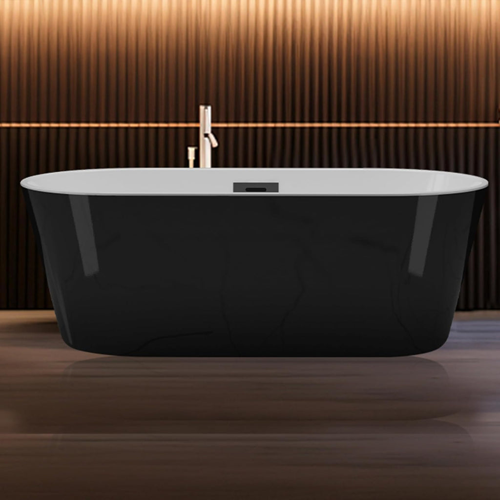 59 Inch Freestanding Bathtub, Acrylic, Deep Soaking Tub with Non-Slip Base, Modern Black Free Standing Tub for