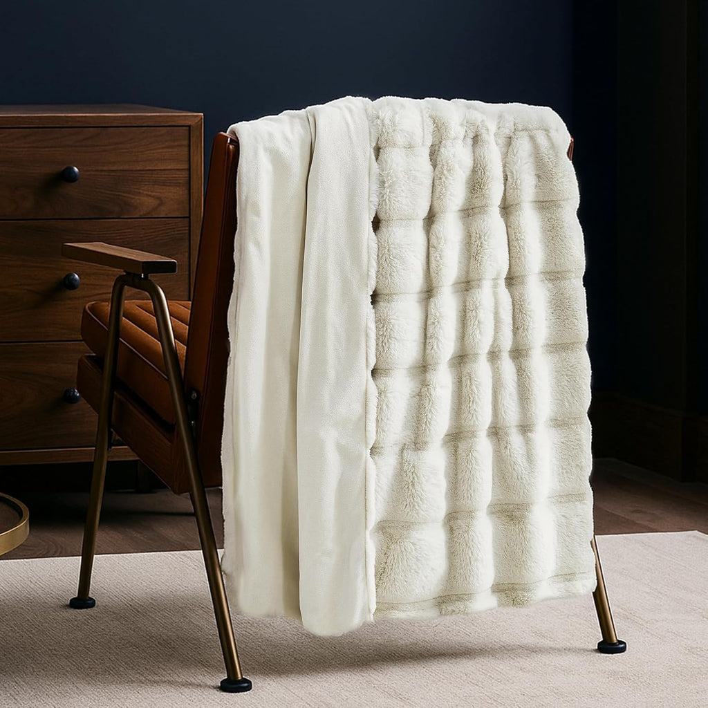 Deluxe Sheared Rabbit Faux Fur Throw Blanket, Soft Fuzzy High-Low Sculpted Plush Blanket, Cozy Home Accent, All