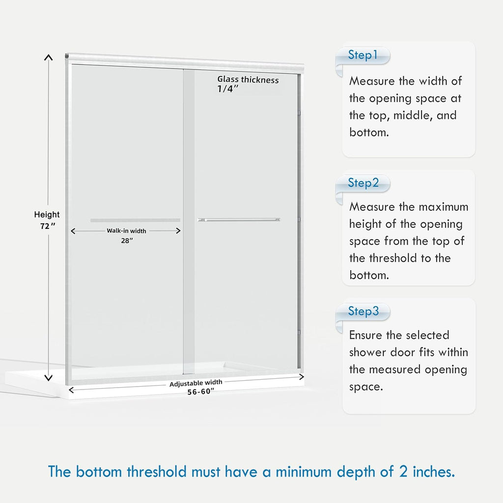 56-60" W x 72" H Semi-Frameless Bypass Sliding Shower Door, Easy-to-Clean Treated Clear Tempered SGCC Glass
