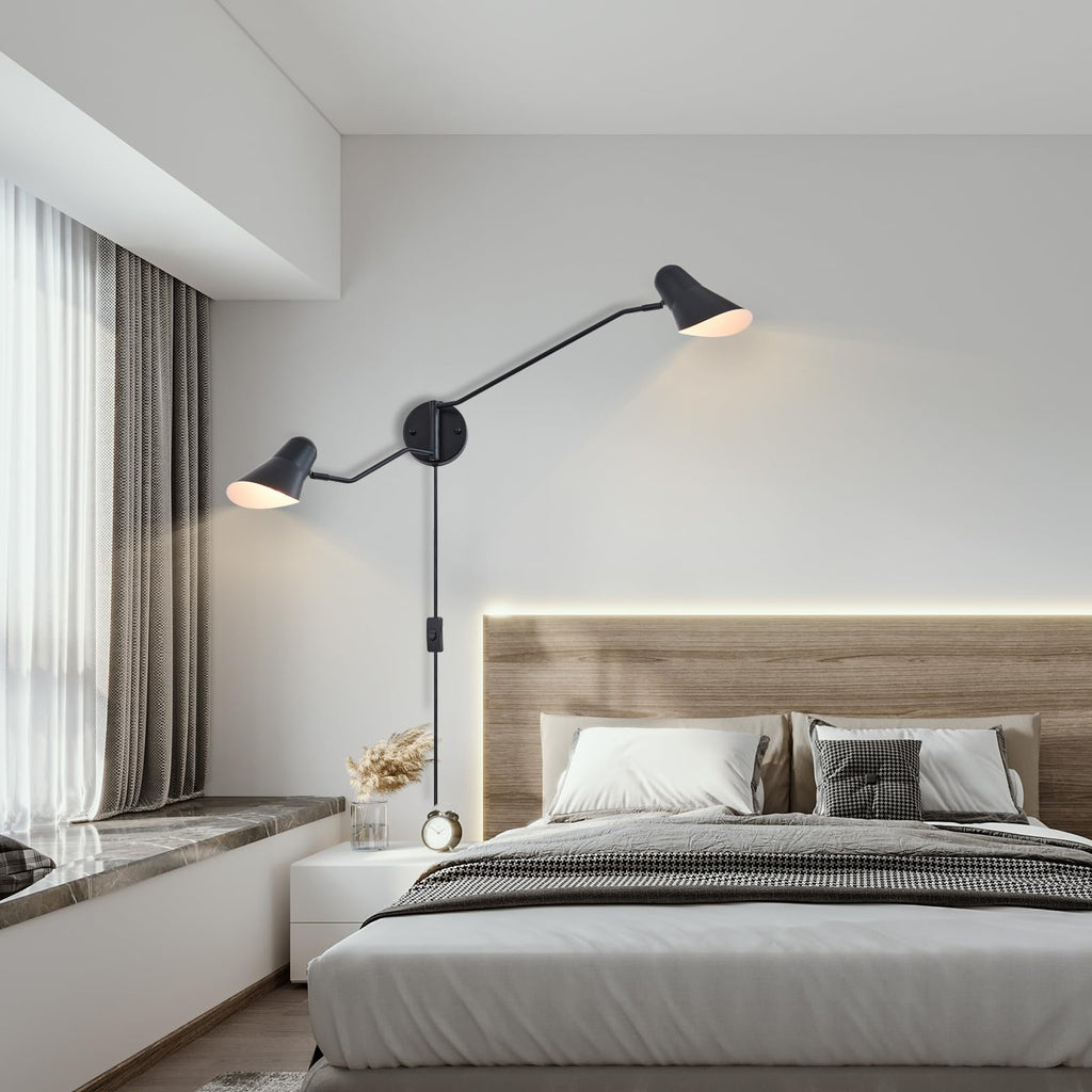 Modern 2-Lights Swing Arm Wall Sconces Black Plug in Wall Light 180° Rotatable Wall Mount Lamp with ON/Off Cord, E26