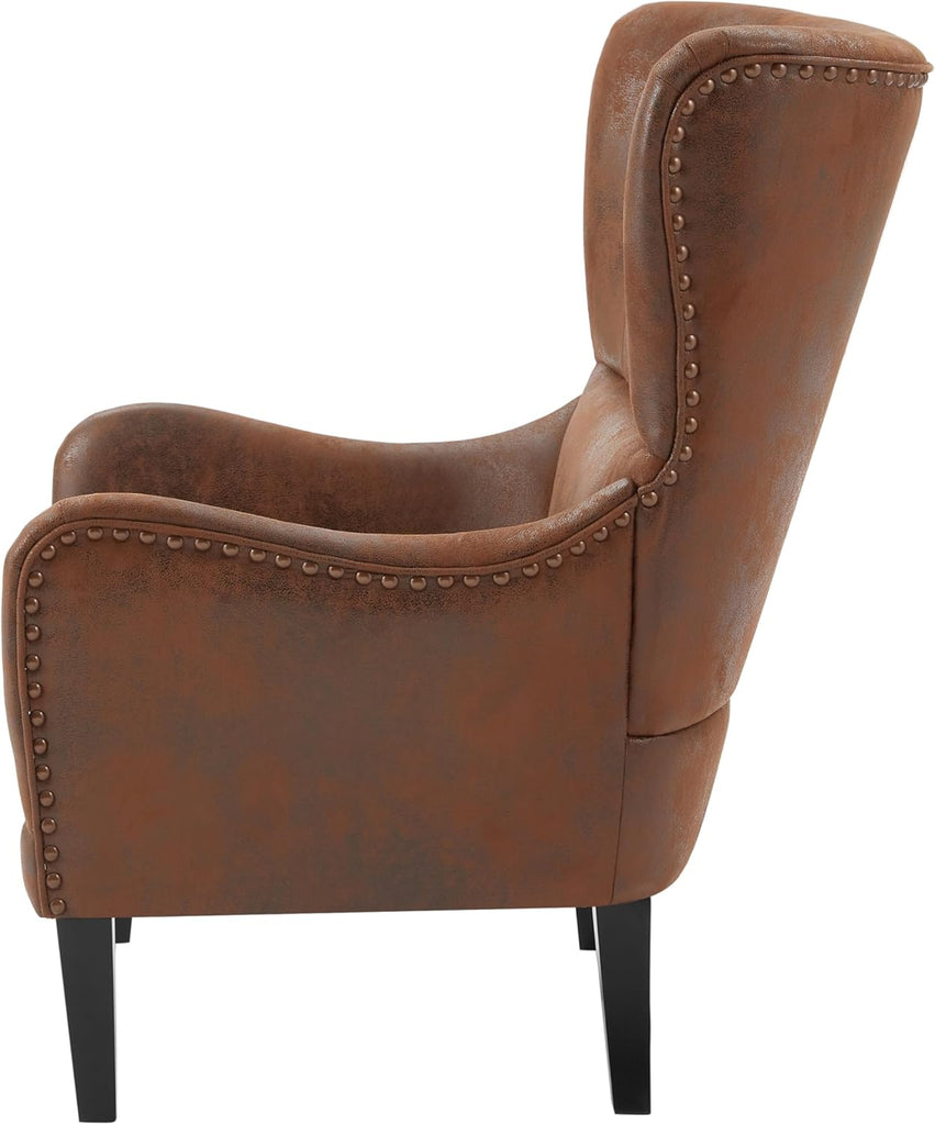 Modern Wingback Club Chair and Ottoman — Brown Suede