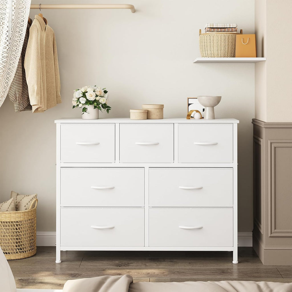 7 Drawer Closet Organizer, Storage Tower with Sturdy Steel Frame | White Dresser , Wooden Top & Easy Pull Fabric