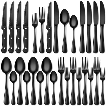 24 Piece Black Silverware Set with Steak Knives Stainless Steel Black Flatware Set for 4 Cutlery Utensil Set Includes