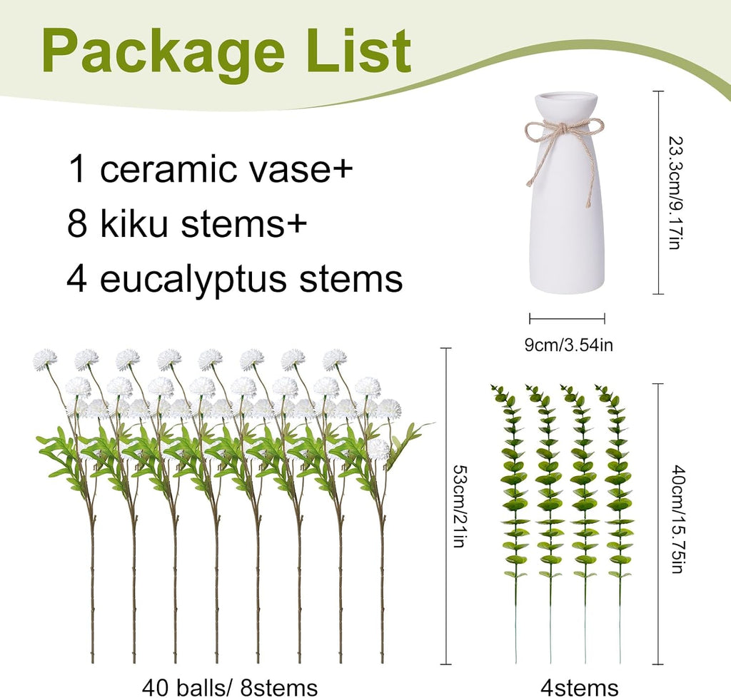 Artificial Flowers with White Ceramic Vase Included,Vase with Flowers - Set of 12