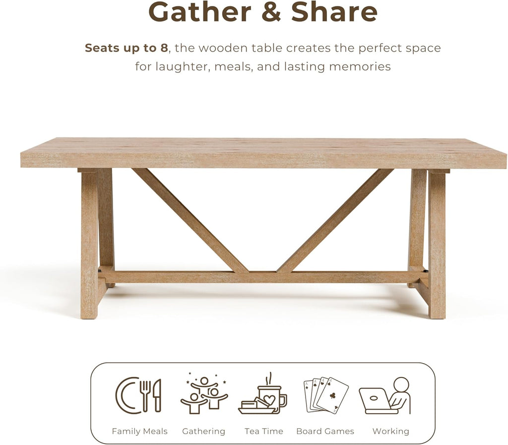 Wellen Farmhouse 84-Inch Rectangle Solid Wood Dining Table with Plank and Beam Base, Trestle Design, Seats Up to 8