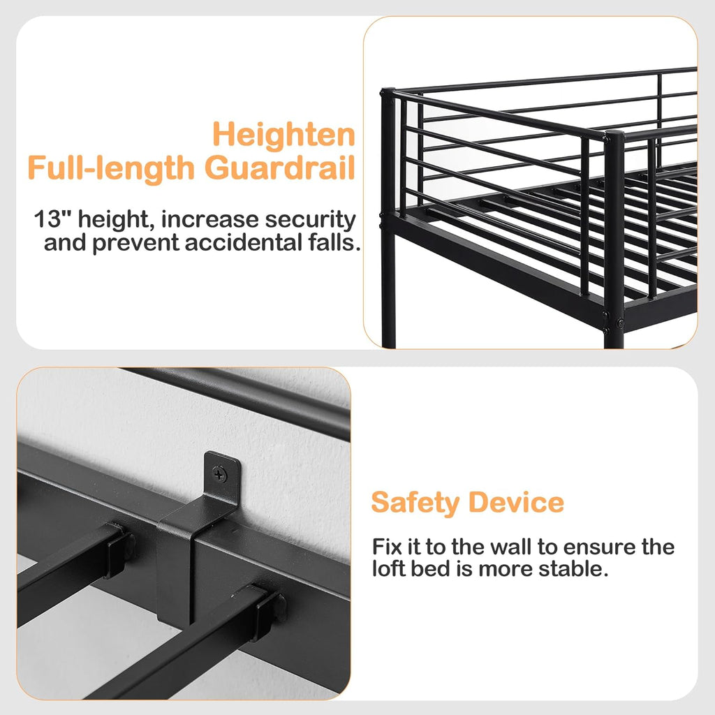 Metal Loft Bed Twin with Desk, Heavy Duty Bedframe with Removable Ladder and Safety Guardrail, Space-Saving