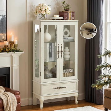 52" Lighted Accent Curio Cabinet, 3-Tier Antique Storage Cabinet with Tempered Glass Adjustable Shelves & Drawer