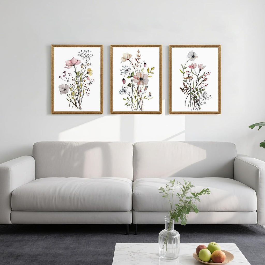 Framed Botanical Canvas Wall Art Set of 3, Watercolor Floral Prints, Framed Flower Wall Decor Bathroom Living Room