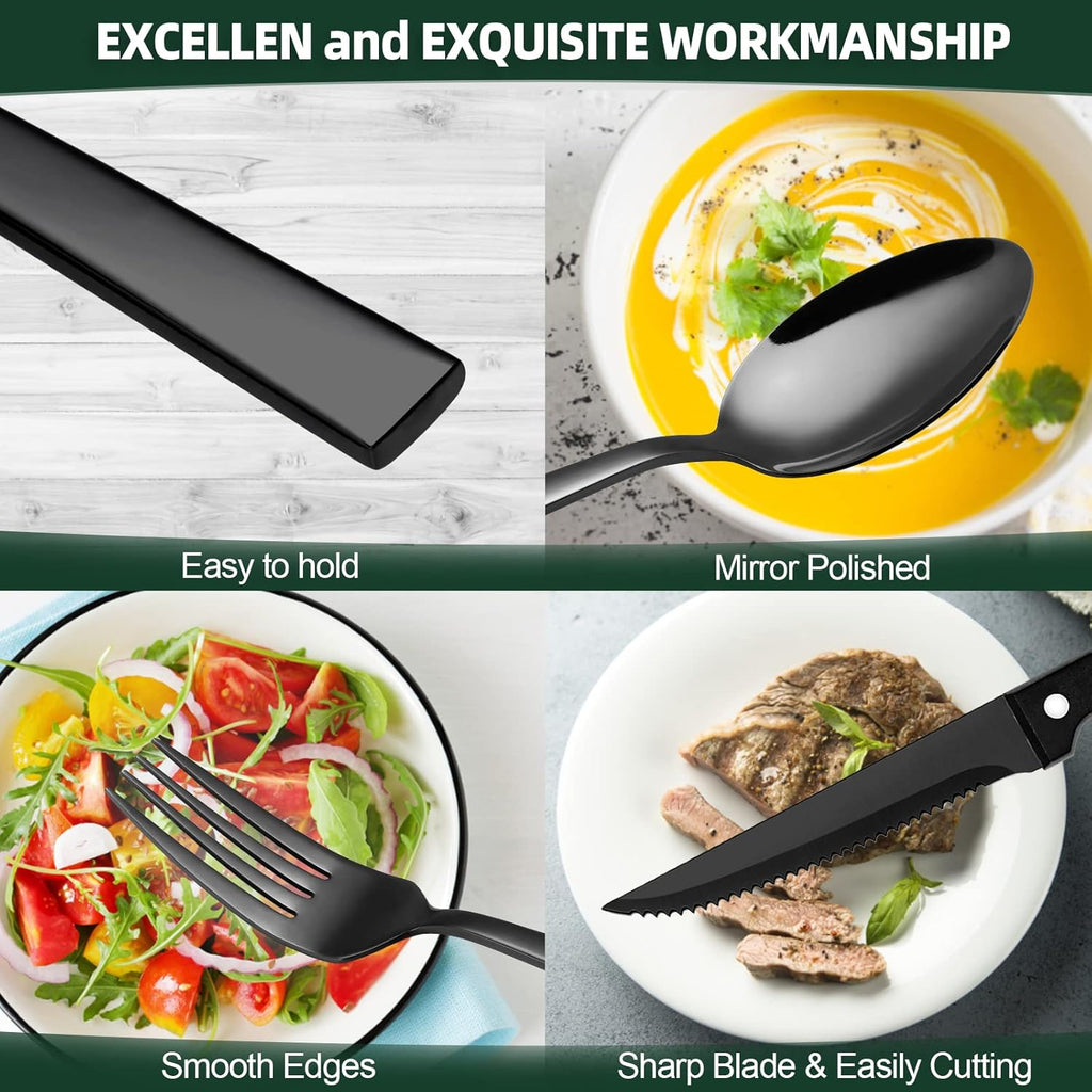 72-Piece Black Silverware Set with Steak Knives, Stainless Steel Flatware Set for 12, Tableware Cutlery Set