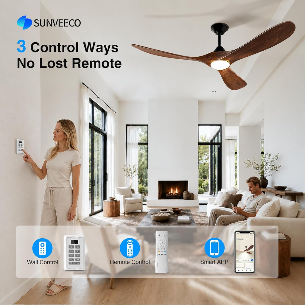Wall Switch-60 inch Outdoor Ceiling Fan with Light Remote for Patios, Wet Rated Wood 3-Blade Propeller Ceiling Fans