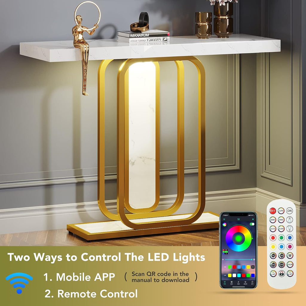 Modern Gold White Console Table with LED Lights, 41.3 Inch Entryway Hallway Foyer Accent Table with Faux Marble