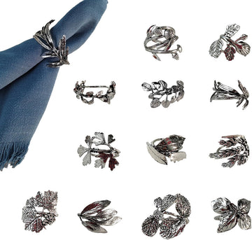 Elegant Vintage Silver Herb Napkin Rings - Glossy Leaf Napkin Holders, Metal Table Adornment for Christmas - Set of 12