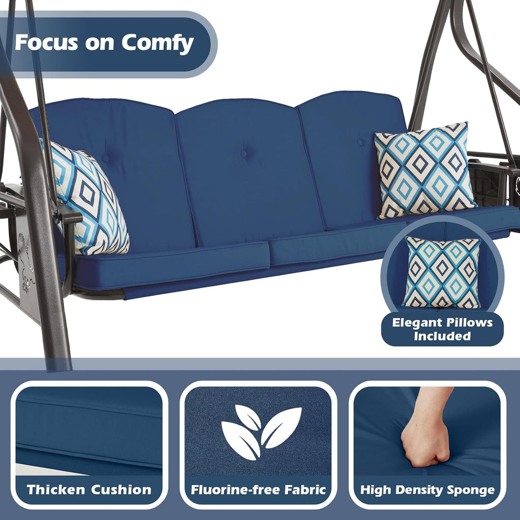 3-Seat Outdoor Porch Swing with Stand, Patio Swing with Canopy, 2 in 1 Porch Swing Bed & Patio Swing Chair for Adult