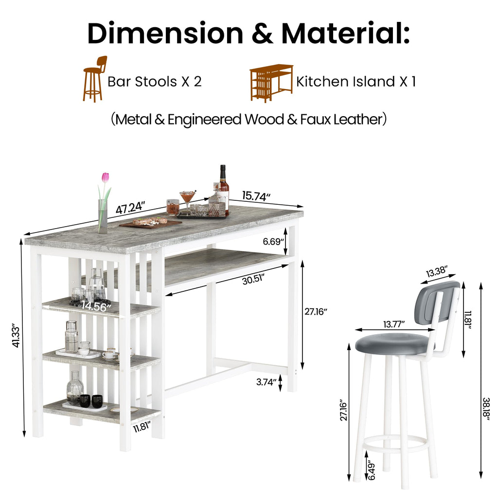 3-Piece Bar Table and Chairs Set, Counter Height Dining Table Set with Storage & 2 Upholstered Stools, Hightop