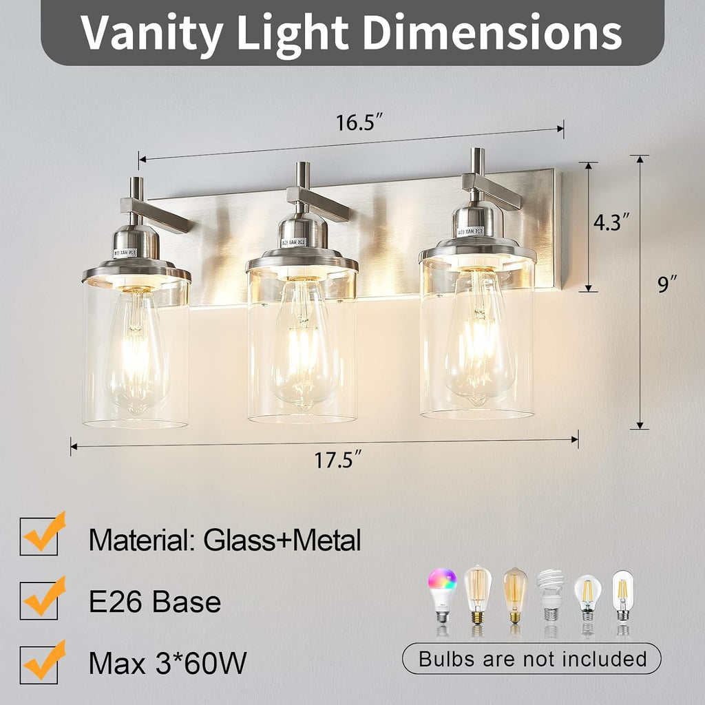 3-Light Brushed Nickel Bathroom Light Fixture Over Mirror Modern Bathroom Vanity Light Vintage Wall Lighting with