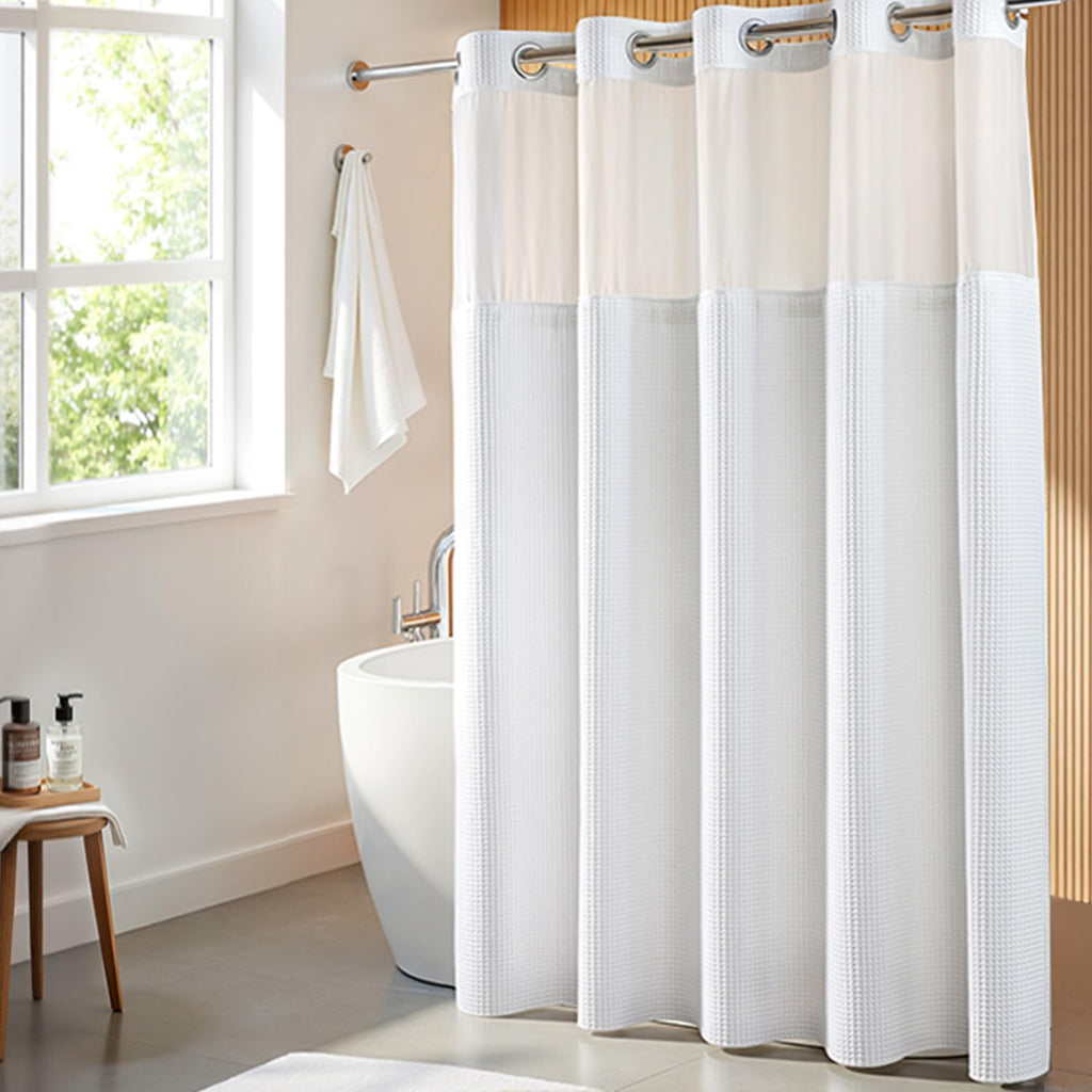 White Cotton Blend Fabric Shower Curtain Set with Liner, 71x74 | Waffle Weave, No Hook Needed, with Snap in