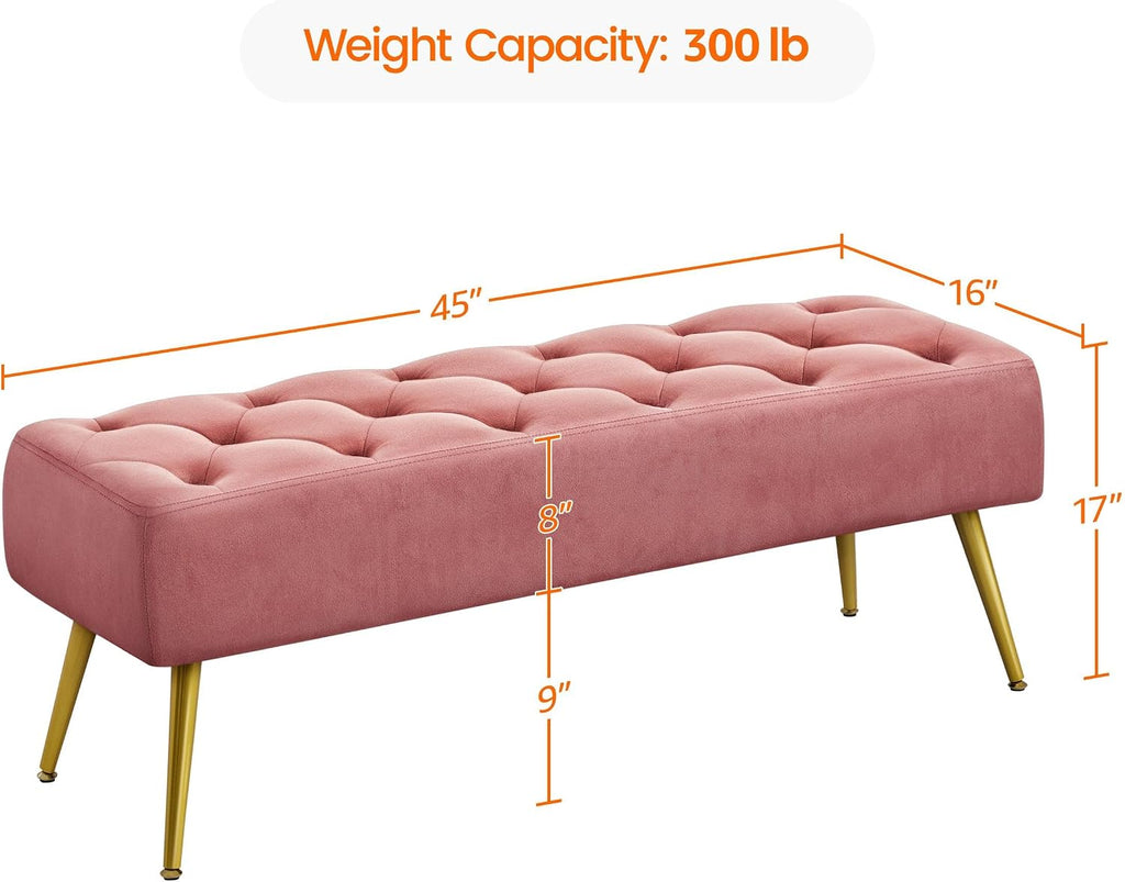 45in Velvet Ottoman Bench End of Bed, Pink | Tufted Upholstered Bench Seat, Bed Bench with Tapered Gold Metal Legs