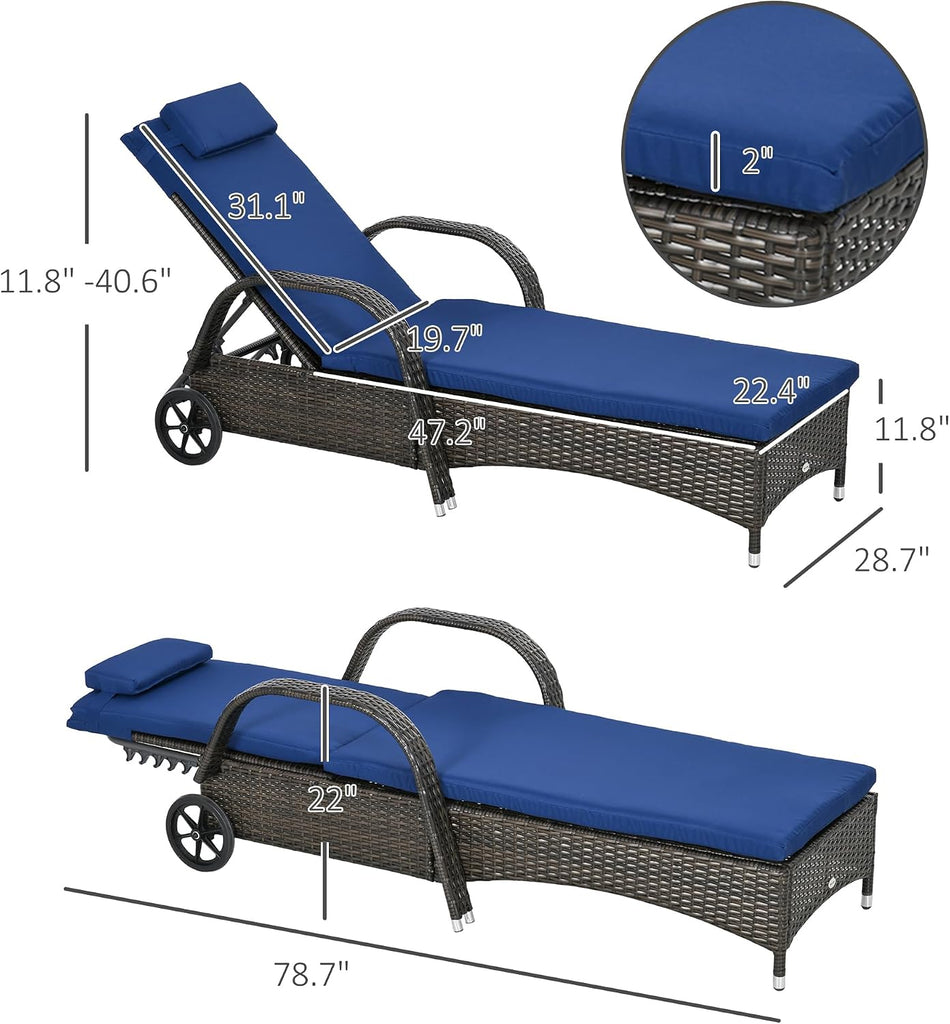 Wicker Outdoor Chaise Lounge Set of 2 Brown & Dark Blue | 5-Level Adjustable Backrest, PE Rattan, Pool Lounge Chair