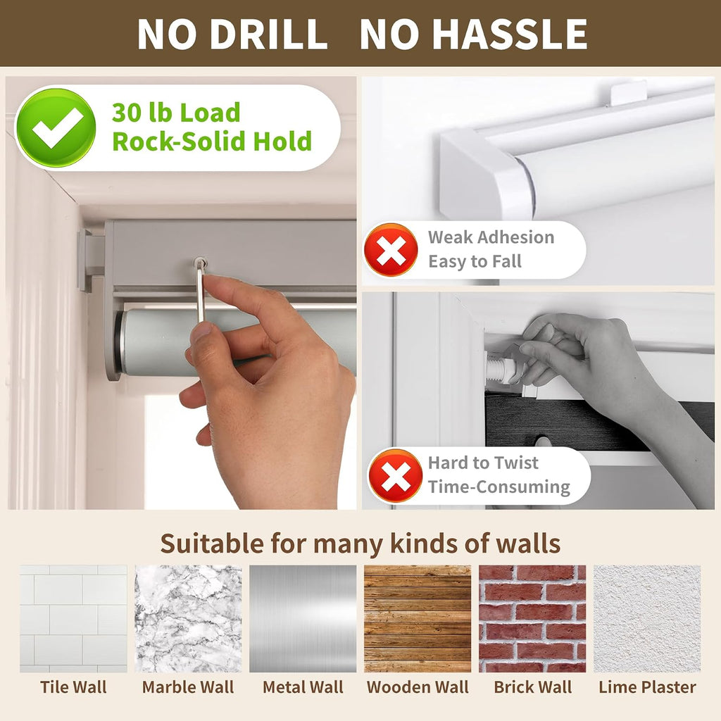 No Drill Cordless Blackout Roller Shades Screwless Waterproof Shower Window Blinds, Auto-Retraction Easy Install