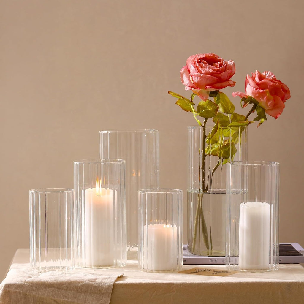 6 Pcs Glass Hurricane Candle Holder Ribbed Glass Candle Holder - Elegant & Easy to Use, Perfect for Wedding, Holiday
