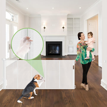 Reinforced 96" Extra Wide Retractable Baby Gate Extra Long Dog Gate, White