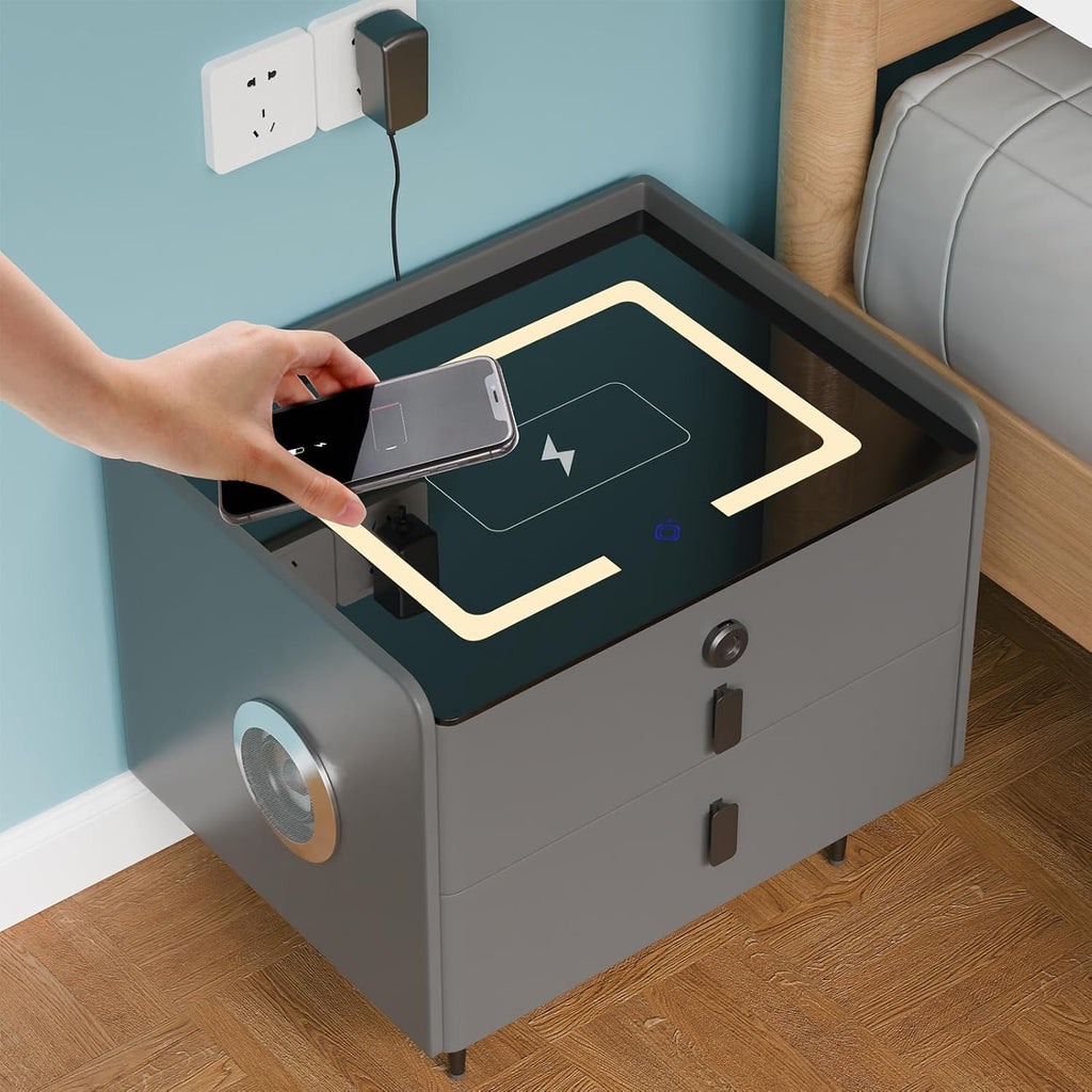 Smart Nightstand Wireless Charging, Modern Nightstand with Fingerprint Locking Drawer, 2 USB & LED Lights Bluetooth