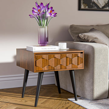 Georgina Solid Wood Nightstands with Drawers - Fully Assembled Rustic Geometric Pattern Bedside Cabinet - Mid Century