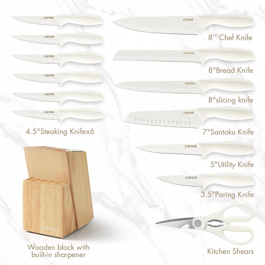 15-Piece Knife Set, Wood Block with Built-In Sharpener, Cream | Stainless Steel Knives, Ceramic Nonstick Coating