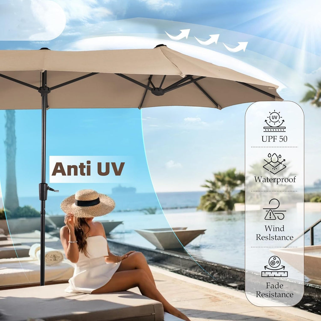13 ft Outdoor Patio Umbrella, Large Rectangular Double Sided Market Table Twin Umbrellas with Crank Handle Pool(Beige)