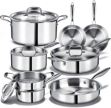 Triple Ply Stainless Steel Pots and Pans Set, 12 Piece Induction Cookware Set, Oven Dishwasher Safe | Frying Pans