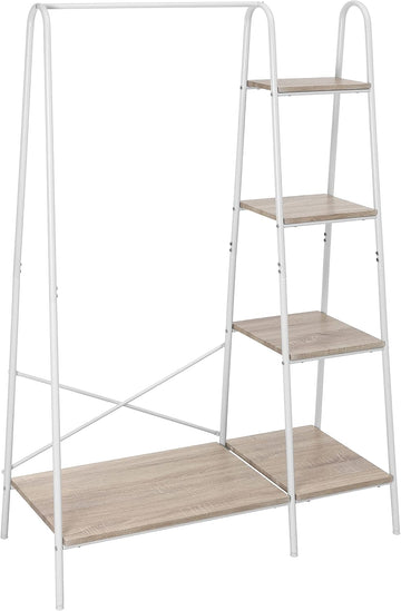 Metal Clothes Closet Rack, Clothing Rack for Hanging Clothes White Heavy Duty Garment Rack with 5 Wood Shelves