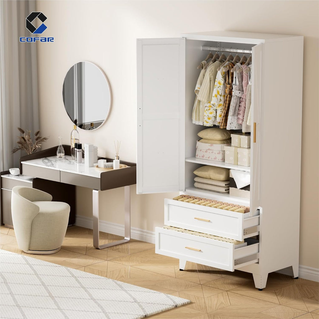 Metal Armoire Wardrobe Closet with Drawers, 71'' Tall Farmhouse Bedroom Armoires with Doors, Freestanding Steel