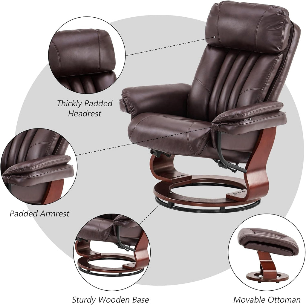 Modern Reclining Swivel Lounge Chair and Ottoman — Brown Faux Leather