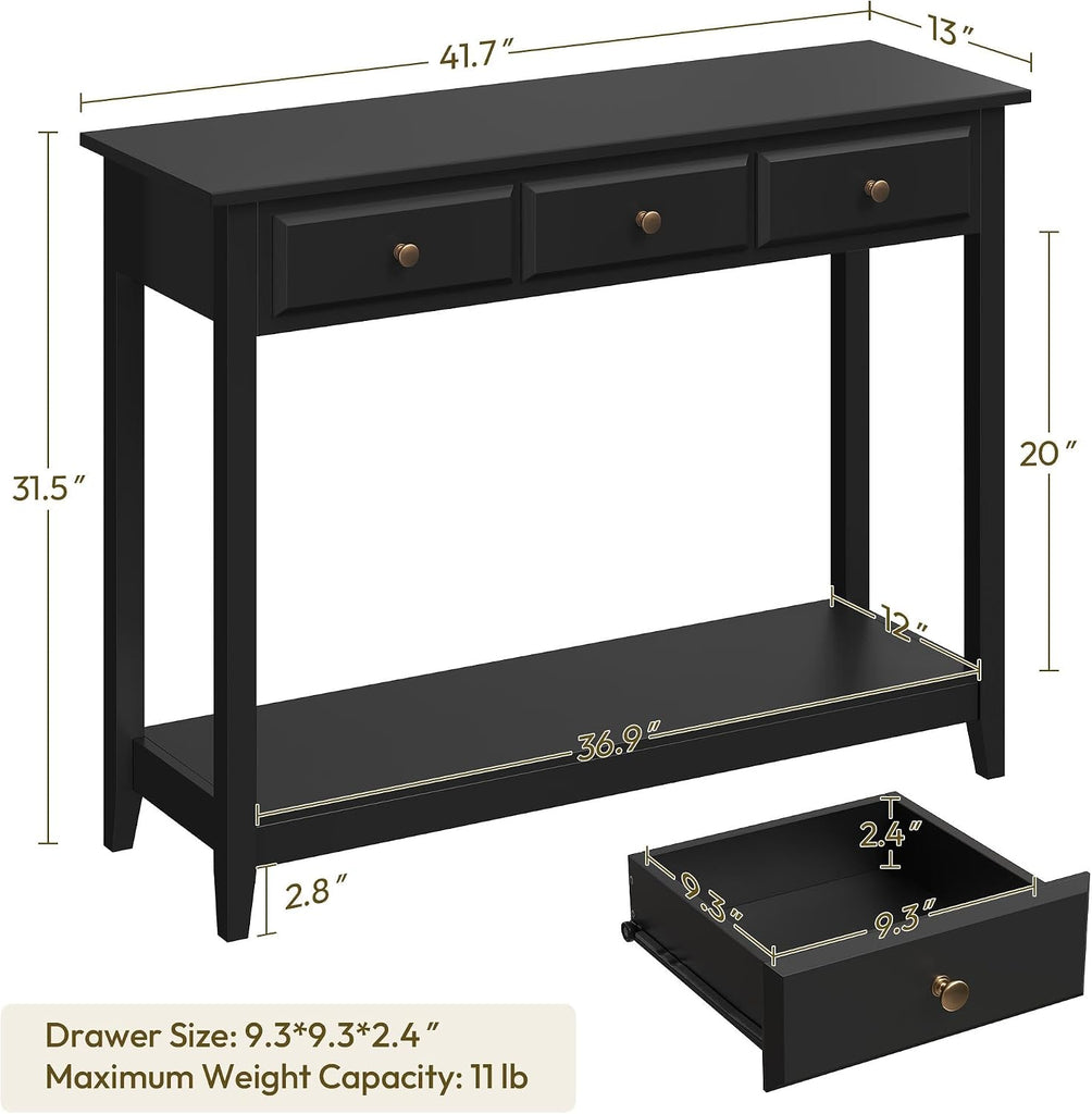 Console Table with 3 Drawers, Wood Entryway Table with Storage Shelf, Sofa Tables Narrow Long , Foyer, Black
