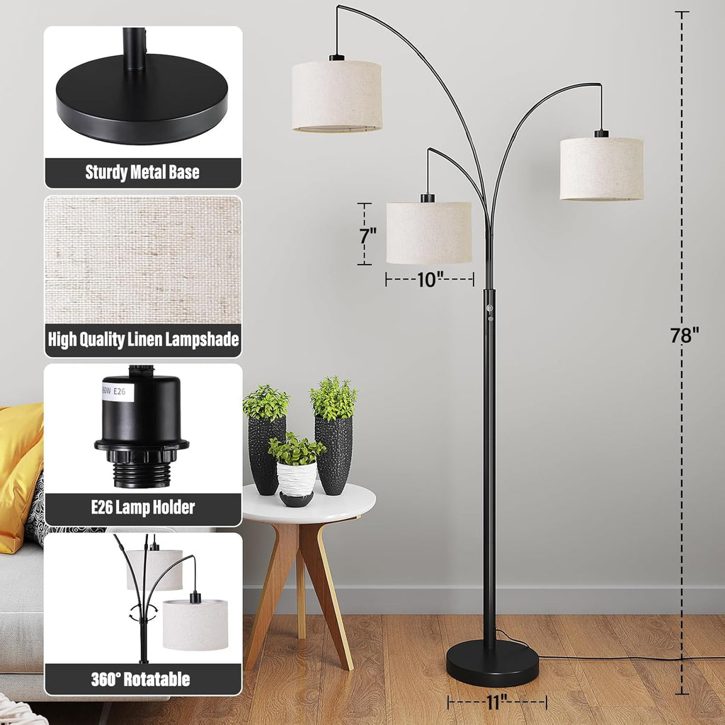 3 Lights Floor Lamp, 78" Tall Standing Lamp with Hanging Drum Shade, Modern Arc Floor Lamps with Heavy Base