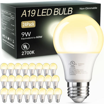 24 Pack A19 LED Light Bulbs Soft Warm White 2700K, 60 Watt Equivalent, Efficient 9W, E26 Standard Base, Non Dimmable