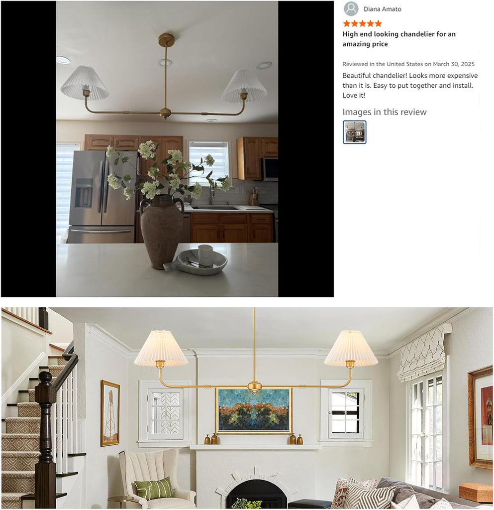 2-Light Gold Linear Chandelier with White Fabric Shade | 55" Modern Dining Room Light Fixture, Kitchen Island