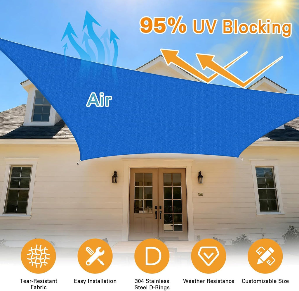 Sun Shade Sail, 12'X20' Blue Rectangle Curved Edged Sun Shade, Commercial Grade 185GSM HDPE UV Permeable Outdoor