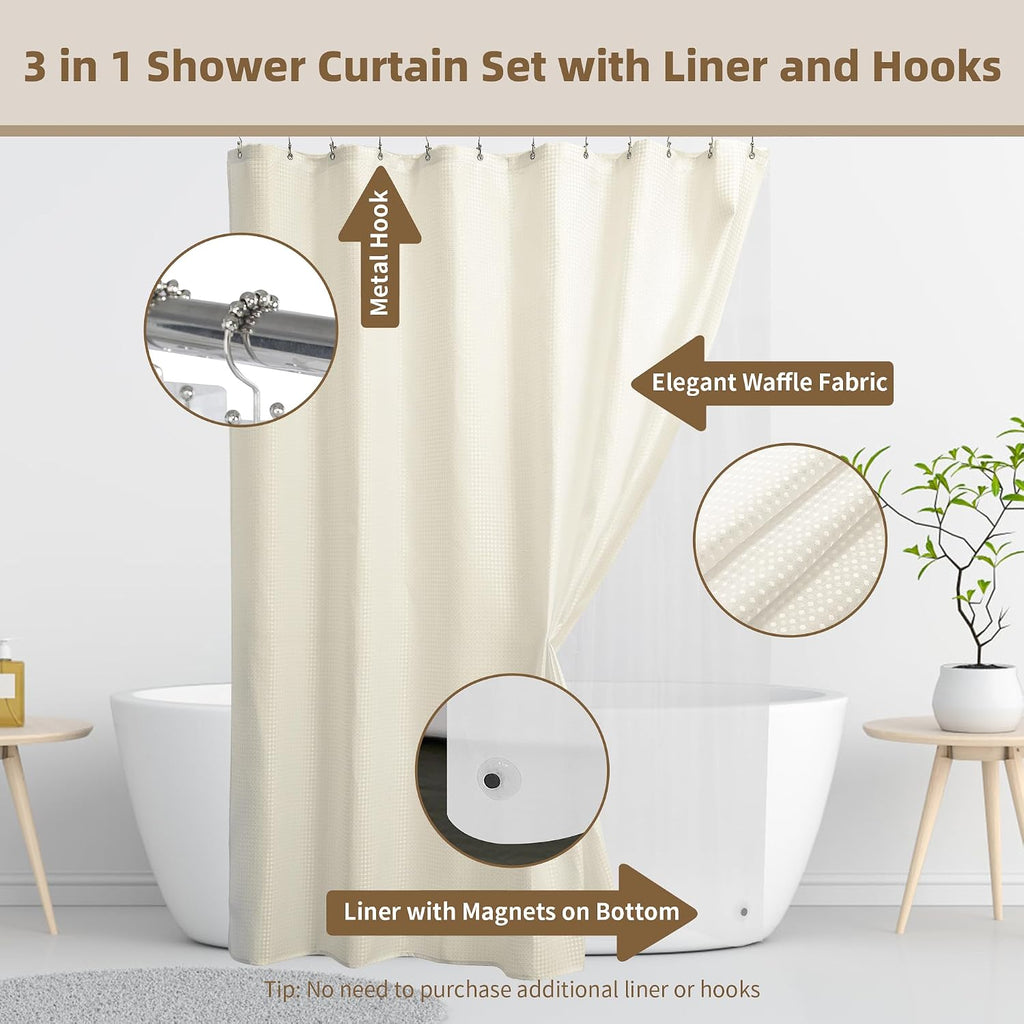 Shower Curtain and Liner Set, Waffle Shower Curtain Set with 12 Stainless Steel Hooks, Waterproof Luxury Fabric