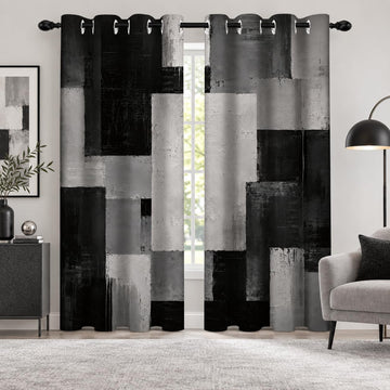 Black White Gray Abstract Blackout Curtains, Modern Abstract Geometric Square Pattern Window Drapes, Thermal