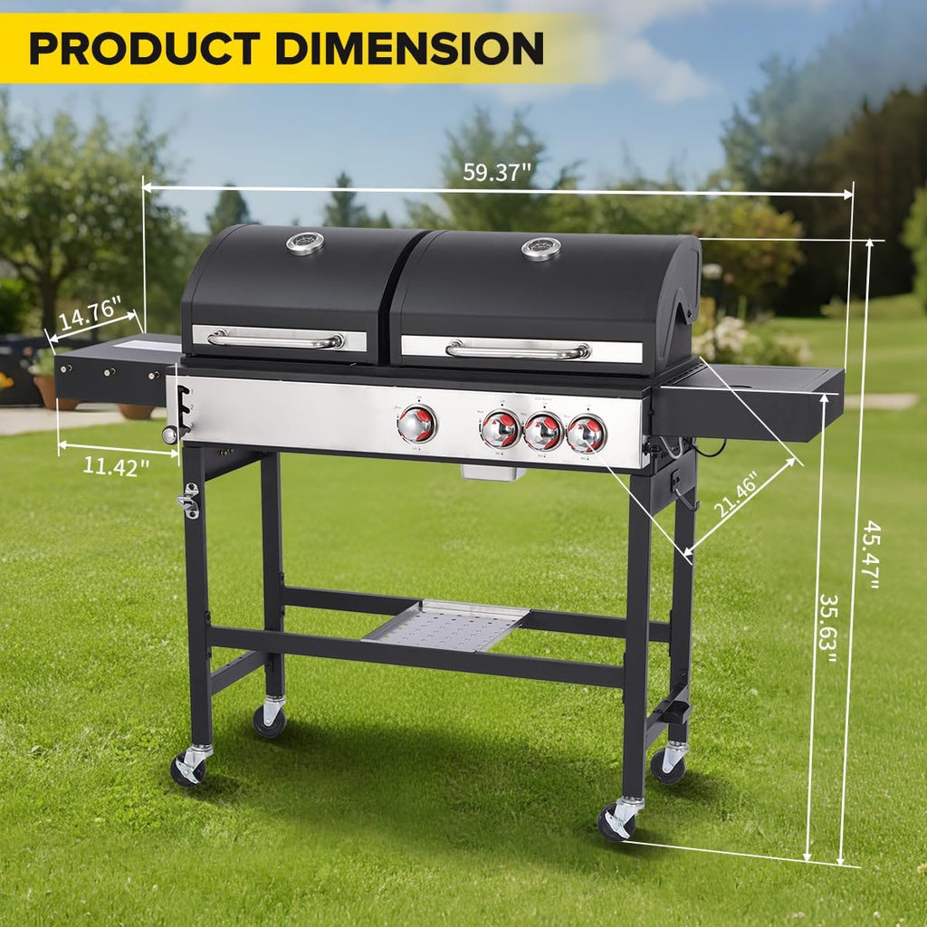 3-Burner Propane and Charcoal Grill Combo with Side Burner, 41,500 BTU BBQ Grill with Cast Iron Grates for Patio, Garden, Balcony, or Camping