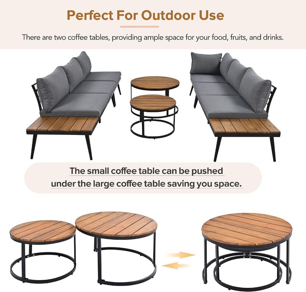 4-Piece Outdoor Sectional Sofa Set with Nesting Coffee Table and Cushion, Outdoor Acacia Wood L-Shaped Corner Sofa