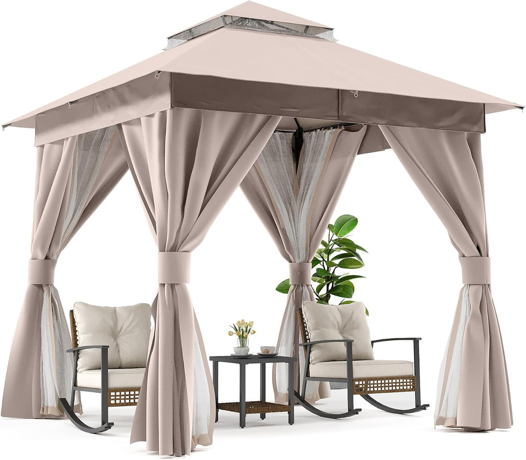 Patio Gazebo 8'x8', Outdoor Heavy Duty Party Tent Shelter with Double Roofs, Mosquito Nettings and Privacy Screens Khaki