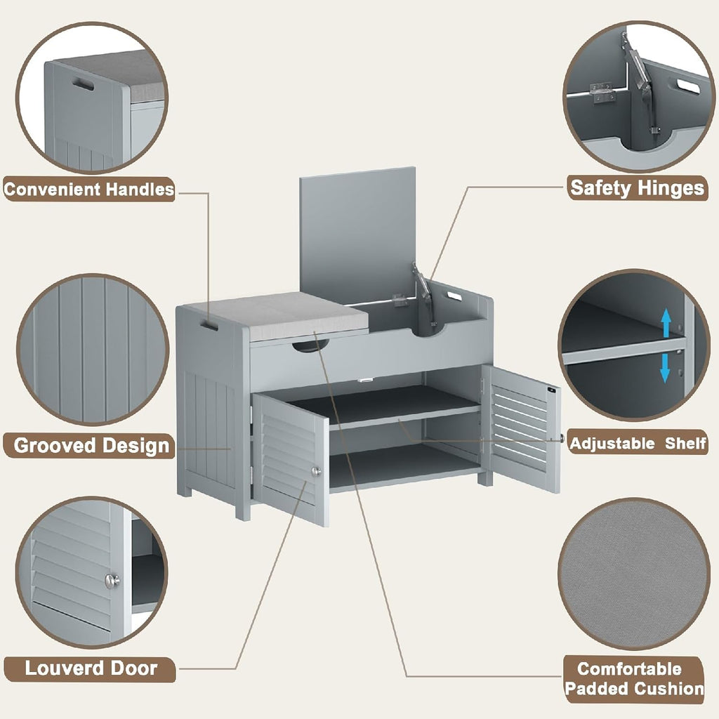Shoe Storage Bench with Lift Top Storage & Cushioned Seats | 29.5" Entryway Bench with 3 Compartments & Adjustable