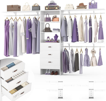 10FT Heavy Duty Closet System, 120 Inches Walk In Closet Organizer with 3 Wooden Drawers, 1300 LBS Built-In Wardrobe