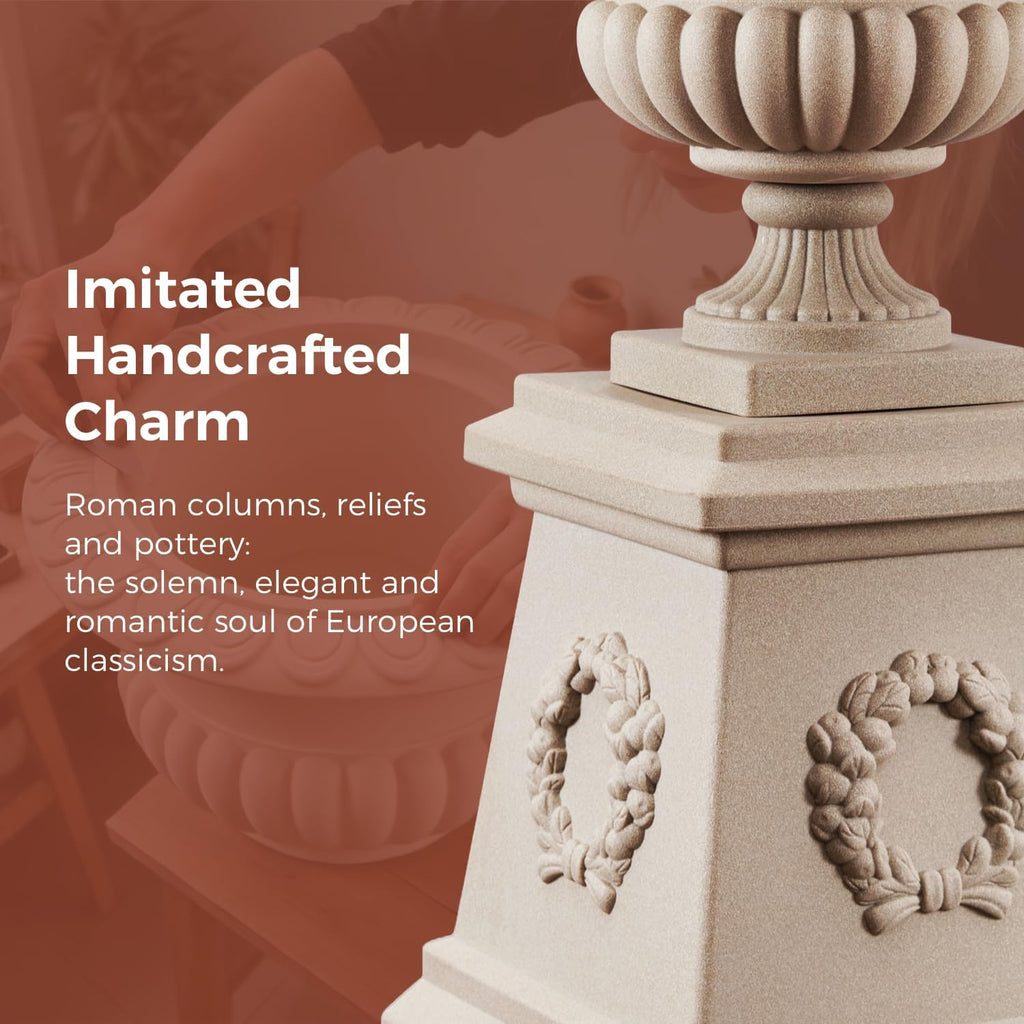 20" H Large Plastic Roman Urn Planter with 28" Tall Decorative Pedestal | Faux Sandstone/Marble Finish
